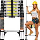 Folding Telescoping Ladder (Black Silver), 12.5 FT Aluminum Extension Ladder Folding Compact Portable Anti-Slip Collapsible Ladders for Home Attic RV Loft Roof