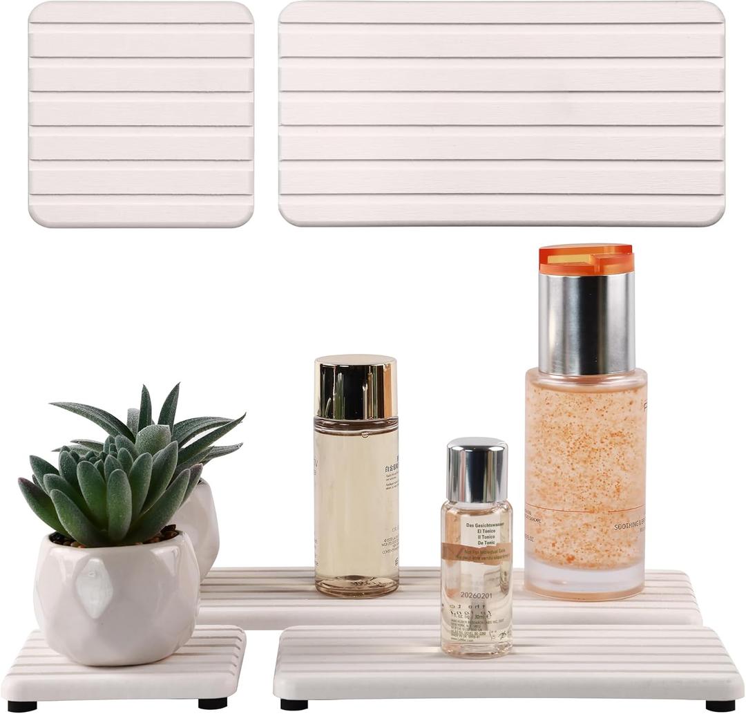 Set of 4 Bathroom Vanity Tray, Quick-Dry Diatomite Kitchen Tray with Non-Slip Pads | Water Absorbing Stone Used for Soap, Sponges, Cosmetics | Eco-Friendly Bath Sink Organizer (White)