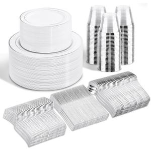 WELLIFE 600 Pcs Sliver Disposable Dinnerware for 100 Guests, Dinnerware Set of 100 Dinner Plates, 100 Salad Plates, 100 Spoons, 100 Forks, 100 Knives, 100 Cups