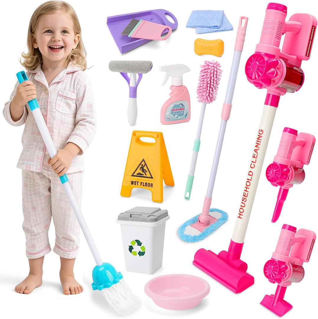 deAO Kids Cleaning Toy Set 15 Pcs Detachable Housekeeping Playset with Kids Vacuum Mop Broom Washbasin Pretend Play Cleaning Toys Birthday Gift for Girls Boys Age 3-6