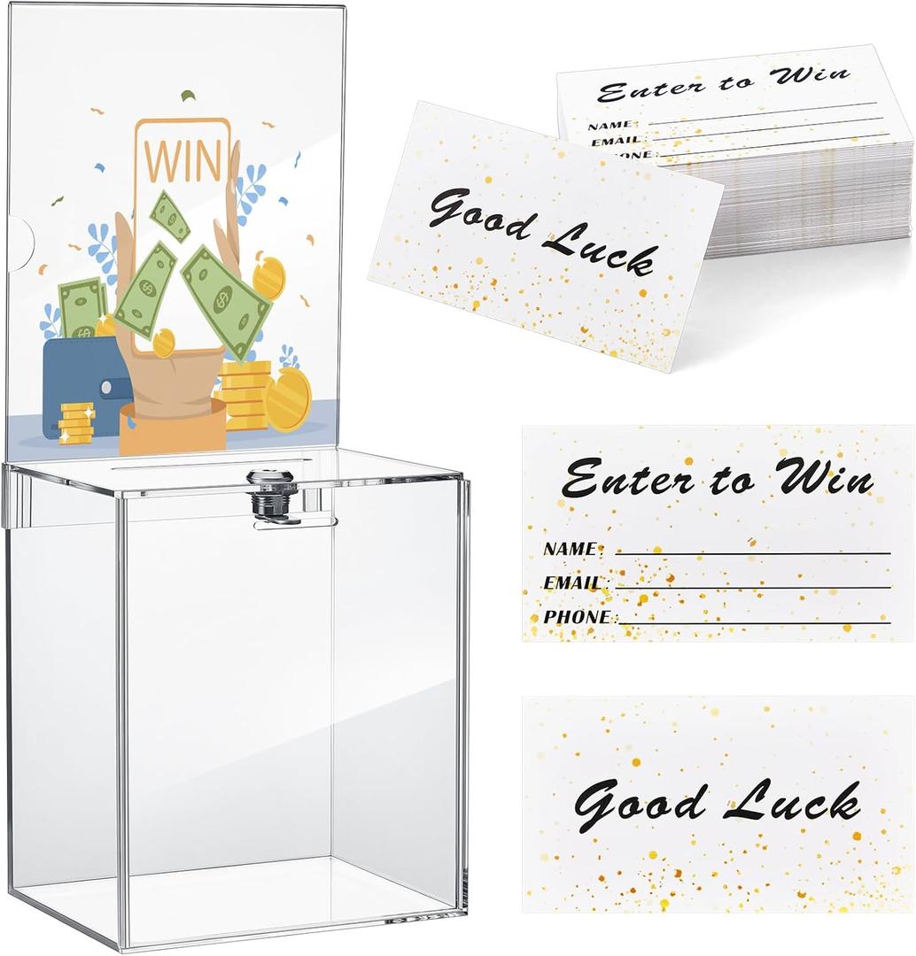 Teling 101 Pcs Tall Acrylic Donation Box with Lock and Sign Plate 7 x 5 x 8 Inches Safe Suggestion Box with Raffle Tickets Cards for Raffle, Money, Voting, Charity, Suggestion (Clear)