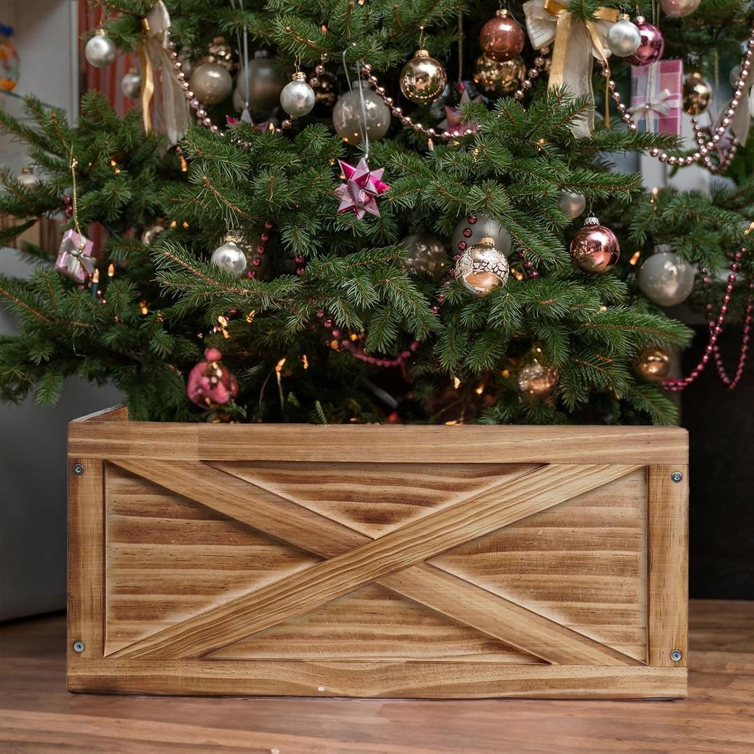 Christmas Tree Collar Box, 17" L Brown Wooden Tree Collar, Christmas Tree Stand Cover, Tree Skirt Box for Below 6ft Christmas Tree Decoration