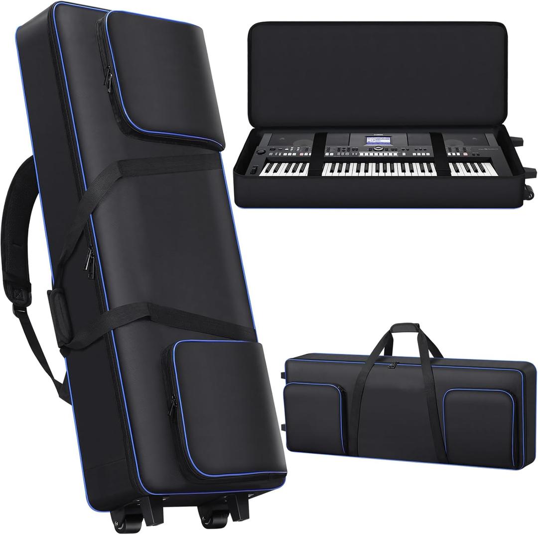 61 Key Keyboard Case with Wheels (40.5" * 16.5" * 5.5"), 61 Key Piano Keyboard Rolling Bag Soft Padded with Multiple Pockets, Electric Piano Keyboard Travel Gig Bag for 61 Key Keyboard and Accessories (Black)
