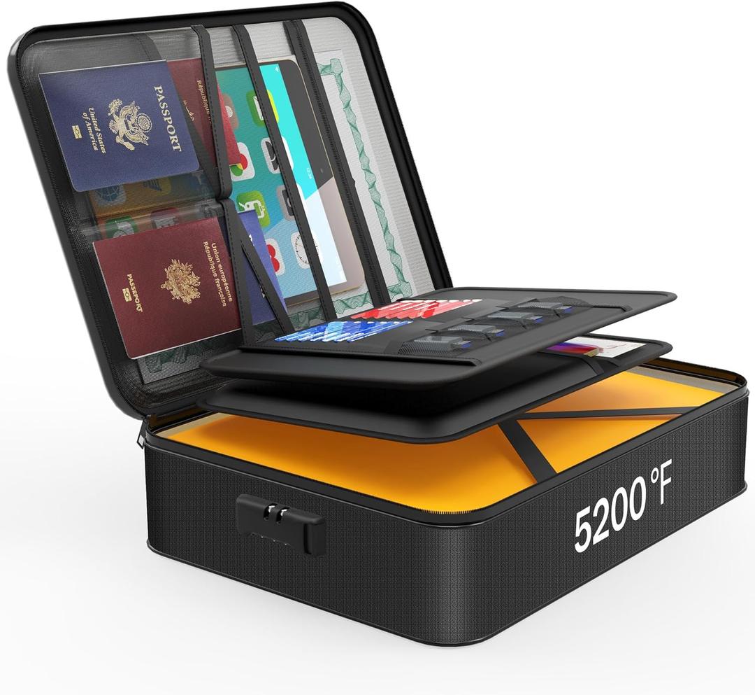 Noiposi Document Organizer with 5200 Heat Insulated, 16.1"x11.4"x4.3" Waterproof and Fireproof Document Box with Lock, Home Strong Fireproof Safe Storage Box for Legal Size Documents and File (Black)