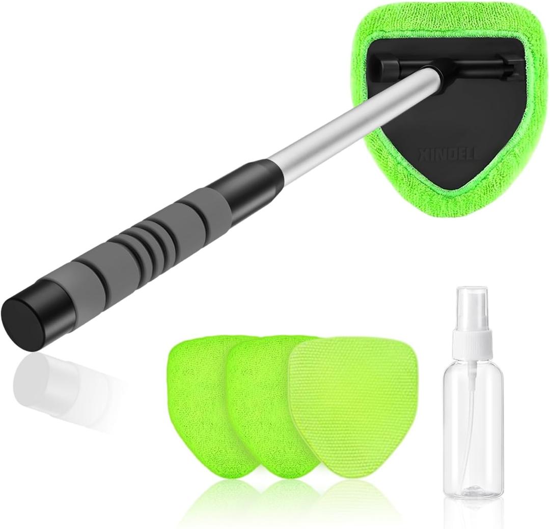 XINDELL Windshield Cleaner Tool  Car Interior Glass Cleaning Kit with Extendable Handle & 4 Microfiber Pads, Auto Glass Wash Brush for Car Detailing, Trucks, SUVs, RVs & Home Windows (19in)