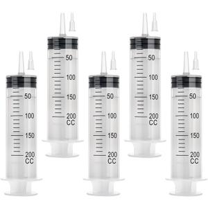 200ml Large Syringe, Plastic Syringe with Tip Adapter, for Scientific Labs, Measuring, Watering, Refilling, Filtration Multiple Uses, Individual Sealed, 5 Pack