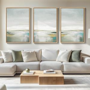 Large Framed Green Abstract Landscape Wall Art for Living Room, 3 Piece Canvas Prints Paintings Artwork for Walls, Modern Minimalist Pictures for Dining Room, Hallway, Office Wall Decor 24x36 In, 24" W x 36" H x 3Pcs