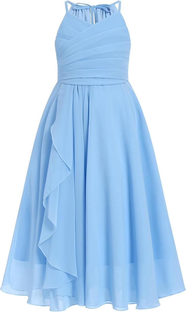 IBTOM CASTLE Flower Girls Dress Halter Pleated Chiffon Junior Bridesmaid Dress Wedding Flowy A-line Party Pageant Prom Dress, 7-8Y