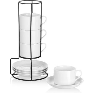 Cappuccino Cups Set of 4, 8oz Stackable Coffee Cups Set with Saucers and Metal Stand, White Coffee Mugs and Saucers for Cappuccino, Latte, Americano and Tea