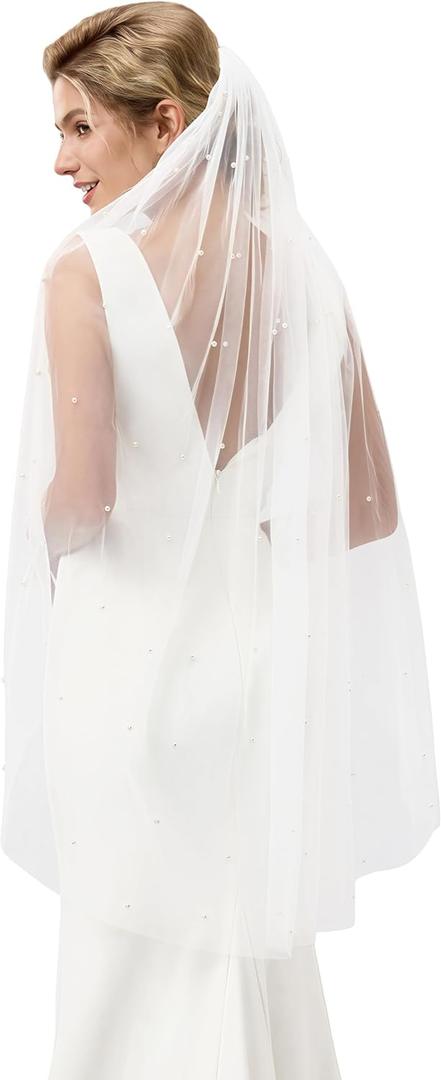 Wedding Veil, 1 Tier Pearl Bridal Veil, With Metal Comb Veils for Women Wedding (White)