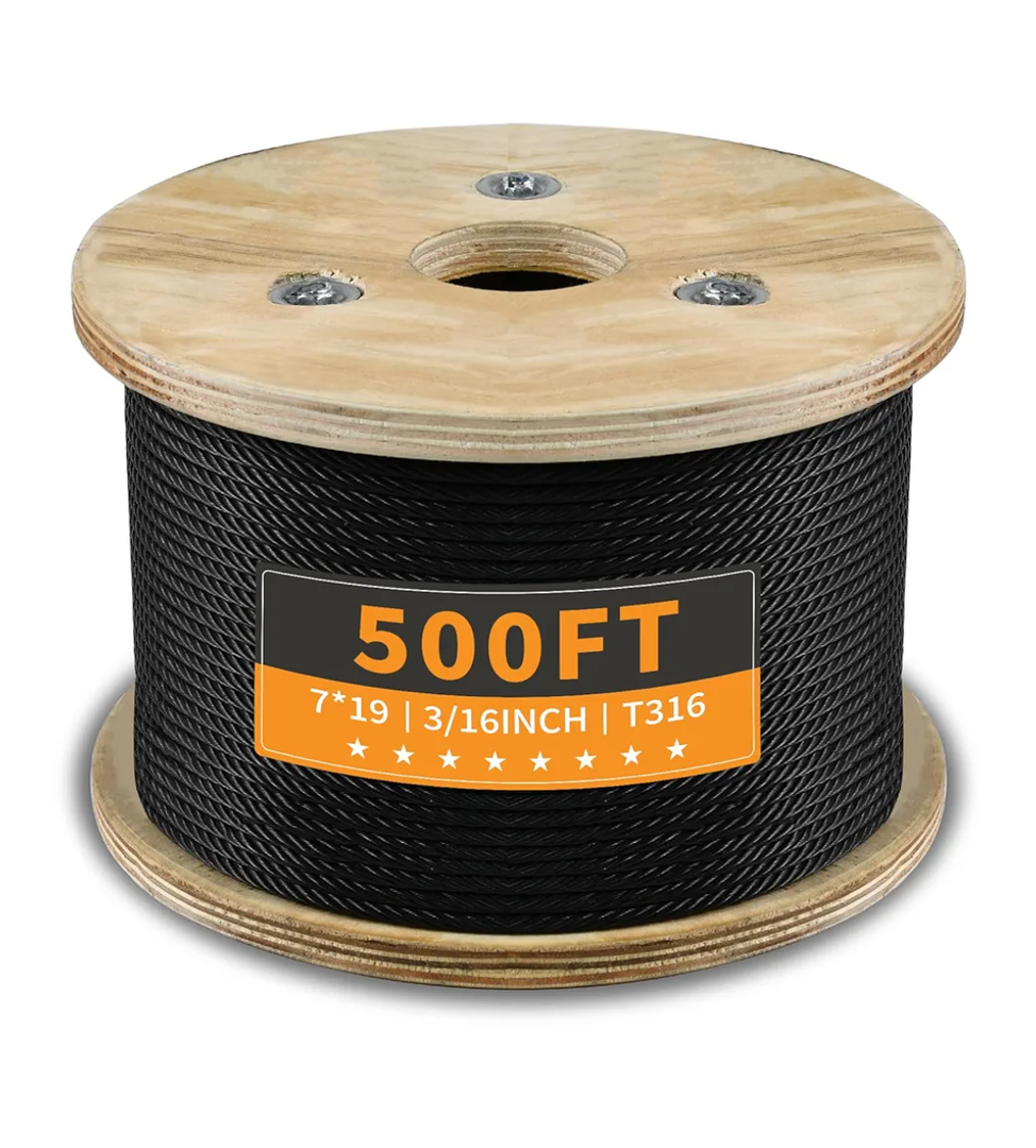 T316 Black 3/16“ Stainless Steel Cable 500ft Wire Rope 7x19 Strands Marine Grade Aircraft Cable 3700lbs Breaking Strength, Cable for Stair Fence Porch Deck Cable Railing, Clothesline & Yard Zipline