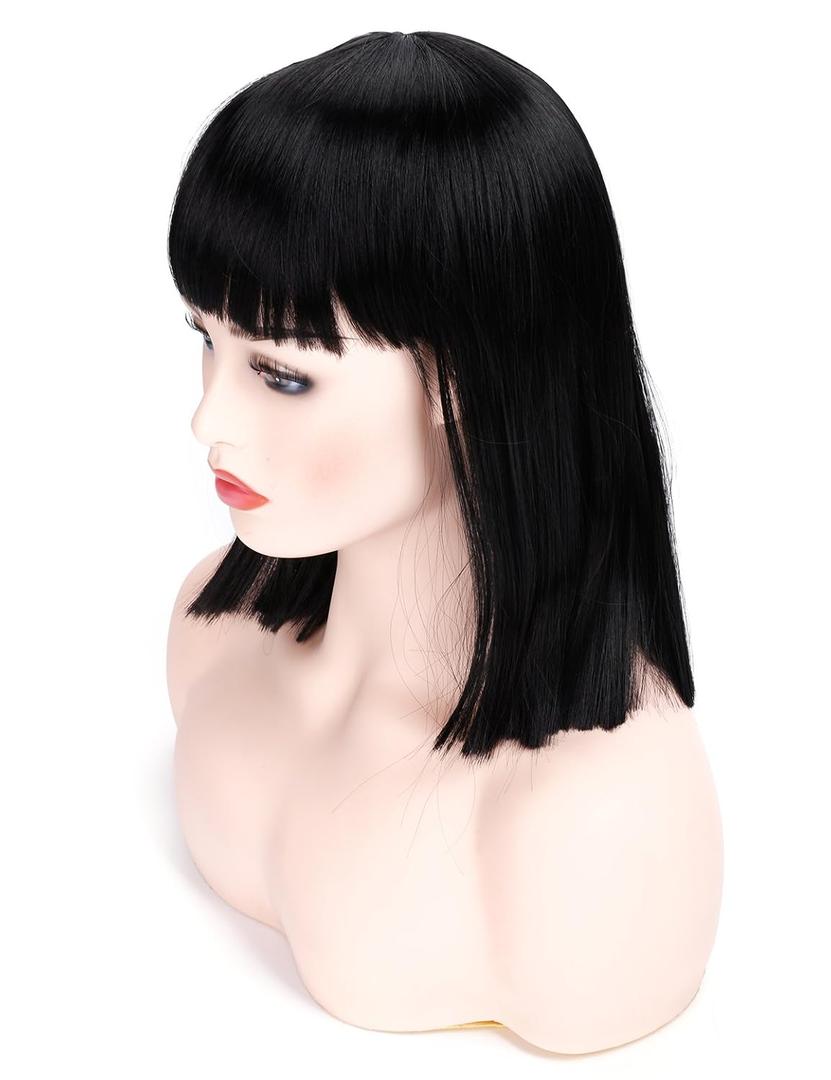 morvally Short Straight Black Wig with Bangs Natural Looking Heat Resistant Hair Cosplay Costume Wigs for Women (14 inches Natural Black)