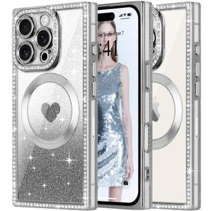Magnetic Case iPhone 16 Pro Max Crystal Rhinestones Rectangular Bumper Glitter Love Heart Design [Compatible with MagSafe] Slim Silicone TPU Shockproof Clear Phone Case for Women Girls,Silver