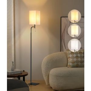 Modern Floor Lamps with 3 Color Temperatures, Minimalist Pole Lamp with Square Linen Shade & Flat Base for Living Room, Bedroom, Office or Kids Room (White)