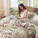 MooMee Bedding Duvet Cover Set 100% Washed Cotton Linen Like Textured Breathable Durable Soft Comfy (Heathered Tannish Linen Grey, King 104"x90")
