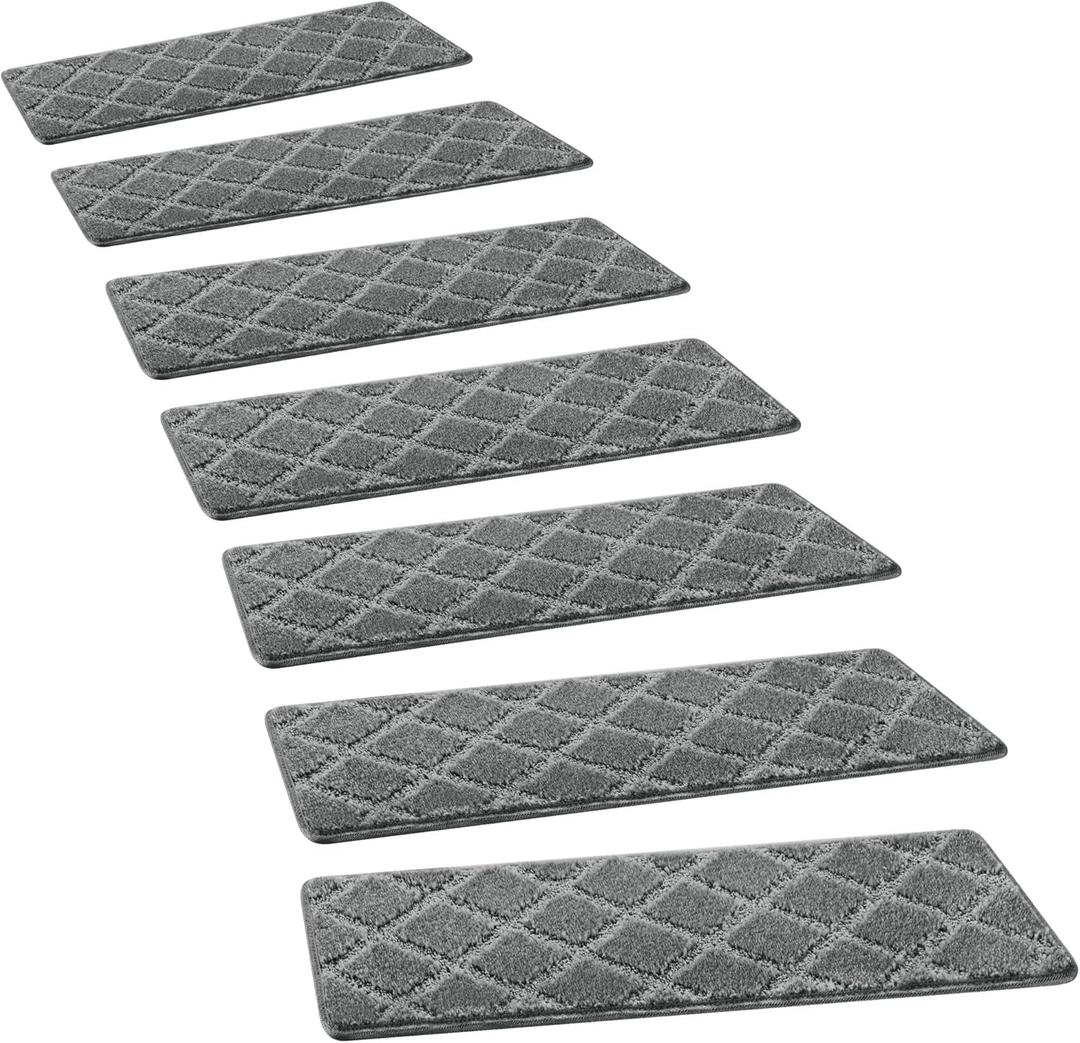 PURE ERA Carpet Stair Treads Tape Free Non Slip Indoor Stair Carpet Stair Protectors Pet-Friendly Non-Slip Skid Resistant Washable Reusable 8" x 30"(14 Pieces,Gray Diamond Trellis)