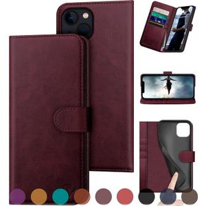 DuckSky for iPhone 13 6.1" Genuine Leather Wallet case RFID Blocking4 Credit Card HolderReal Leather Flip Folio Book Phone case Protective Cover Women Men for Apple 13 case Burgundy