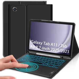 Case with Keyboard for Galaxy Tab A11 / Tab A9 8.7-Inch 2025/2023 7 Color Backlit, Smart Touchpad, Detachable Keyboard Synthetic Leather Cover with S Pen Holder for Galaxy Tab A11/A9, Black