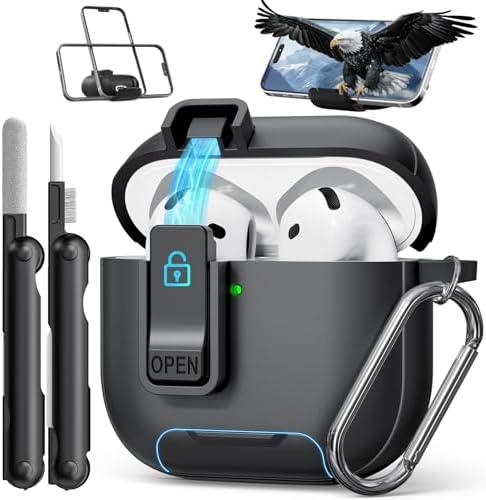 Pack Of 2 Compatible with AirPods 4th Generation Case with Phone Stand & Cleaning Kit,Magnetic Automatic Lock for Airpods 4 with Active Noise Cancellation Charging Cover(Black)