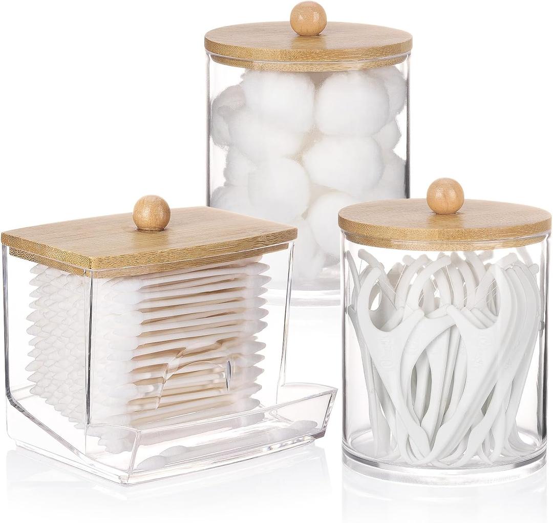Tbestmax Qtips Dispenser Bathroom Container, 10/12 oz Cotton Ball Holder, Apothecary Jar Organizer for Storage Cotton Swab, Cotton Round Pads, Floss Picks (Beige Bamboo Lids)