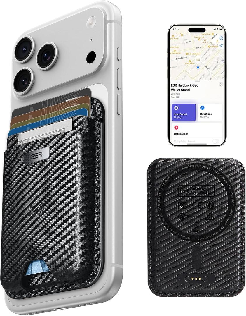 ESR Geo for MagSafe Wallet with Find My Functionality, RFID Blocking, 5 Cards Holder for Phone Case, Strong Magnetic Wallet for iPhone 17e/17/16/15/14/13/12 Series, Not for Mini, Black Carbon Fiber