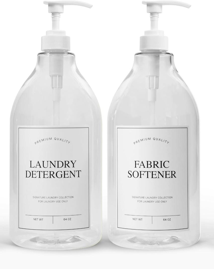 Calindiana Laundry Detergent Dispenser for Laundry Room Organization, Clear 64oz PET Plastic Landry Soap Containers with Black Water Resistant Labels, Black Pumps and Screw Caps, Collapsible Funnel
