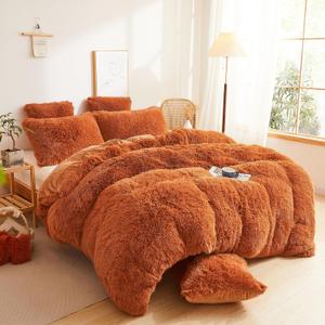 XeGe Fluffy Faux Fur Duvet Cover Queen Size, Luxury Shaggy Plush Burnt Orange Comforter Cover 1 PC, Soft Furry Fuzzy Velvet Terracotta Bedding with Zipper Closure for Bedroom (Queen, Burnt Orange)
