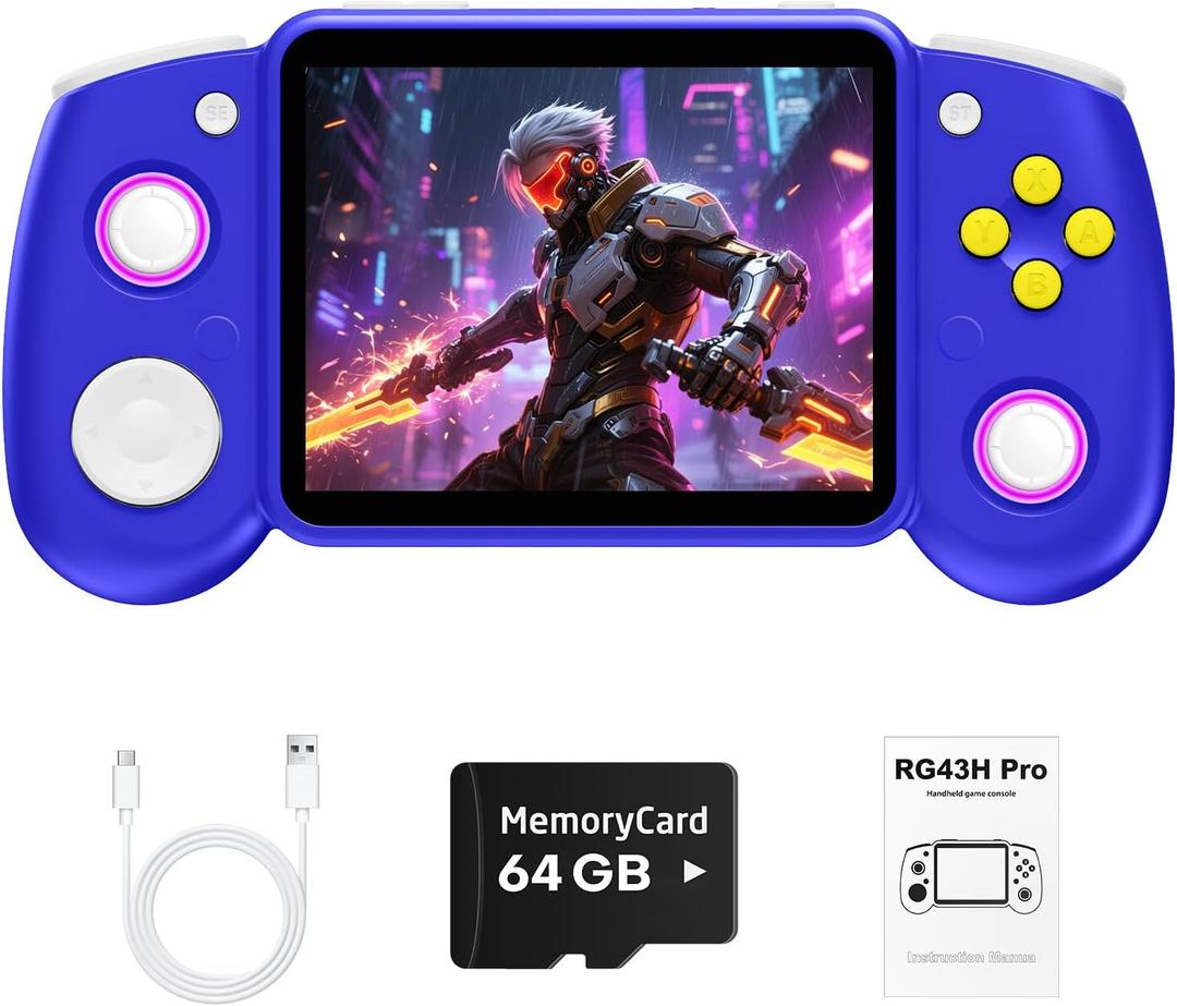 RG43H Pro Retro Handheld Game Console,Dual Game System with Powerful RK3562 Chip,4.3 Inch IPS Screen Retro Gaming Console,30+Emulators,Vibration Motor,HDMI TV Output,4000mAh Battery-64GB Klein Blue
