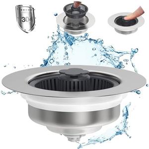 Upgraded 3 in 1 Kitchen Sink Drain Strainer - Stopper Set, Stainless Steel Kitchen Sink Stopper, Pop Up Anti-Clogging Sink Strainer Basket Filter for US Standard 3-1/2 Inch Kitchen Drain, (2 pack)