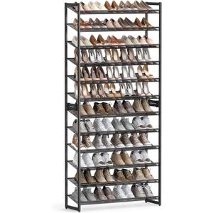 SONGMICS Shoe Rack, 12-Tier Shoe Organizer, Metal Shoe Storage for Garage, Entryway, Set of 2 6-Tier Stackable Shoe Shelf, with Adjustable Flat or Angled Shelves, Holds 48-60 Pairs, Black ULMR12B