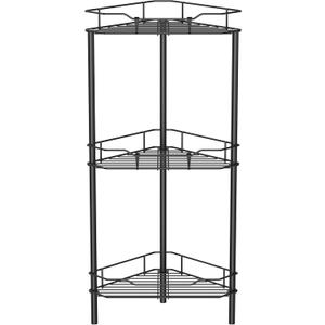 3 Tier Floor Standing Corner Shower Caddy Organizer Shelf with Hooks, Bathroom Shelves Stand Rack, Black