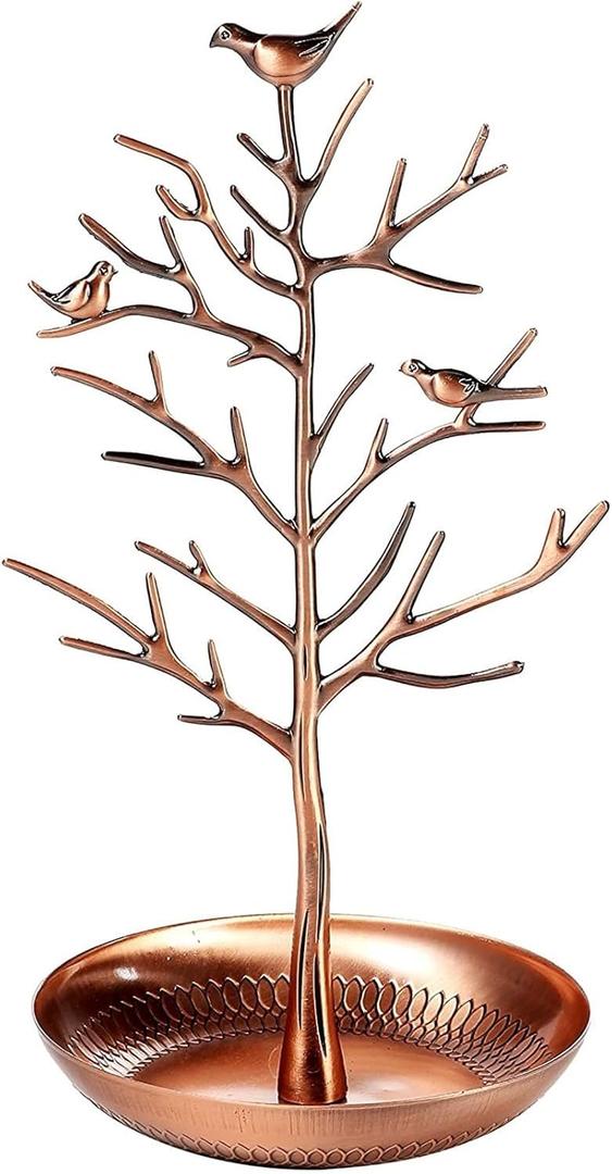 Juvale Jewelry Organizer Stand with Tray, Tree Branch with Bird Ring Holder for Necklaces, Bracelets, Earrings, Small Retro Jewelry Tower Rack for Home, Desk, and Business Display, Copper Plated