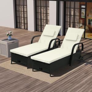 YITAHOME Chaise Lounge Chair with Storage, Wicker Patio Lounge Set of 2 with 5-Position Backrest, Rattan Pool Reclining with Headrest, Arm, Cushion, and Wheel for Poolside Balcony Garden Black and Beige 