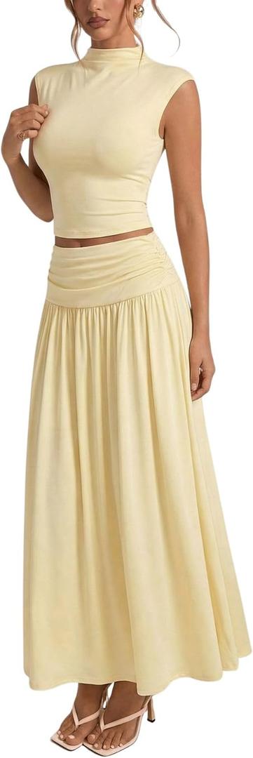 Verdusa Women's 2 Piece Sets Vacation Brunch Outfits Cinched Waist Fitted Crop Top with Maxi Skirt (Yellow)