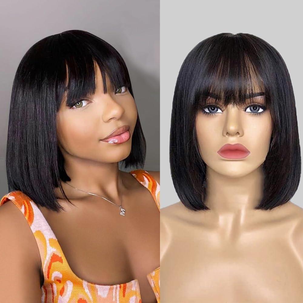 Bob Wig With Bangs Human Hair 180% Density Glueless Short Bob Wigs For Women Upgraded Machine Made Middle Part 3x1 Lace Wig (12inch, Bob With Bangs) Bob Wig With Bangs Human Hair 180% Density Glueless Short Bob Wigs For Women Upgraded Machine Made Middle Part 3x1 Lace Wig (12inch, Bob With Bangs)