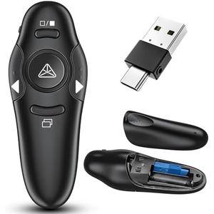 2-in-1 USB Type C Presentation Clicker Wireless Presenter Remote with Laser Pointer, RF 2.4GHz USB C PowerPoint Clicker Slide Advancer for Computer/Mac/Laptop