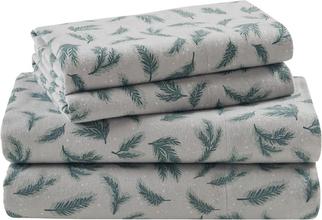 Woolrich Cotton Sheet Set Cottage Charms Print, 100% Cotton Flannel Sheets Warm & Fuzzy Bedding Set Queen Size Sheets, Fitted Pocket Fits Up to 14" Mattress, Queen Pine Branches, 4 Piece