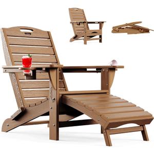 Ciokea Folding Adirondack Chair with Retractable Ottoman Fire Pit Patio Chair with Pull Out Foot Rest Weather Resistant Lawn Outdoor Lounge Chair with 2 Cup Holder (Teak)