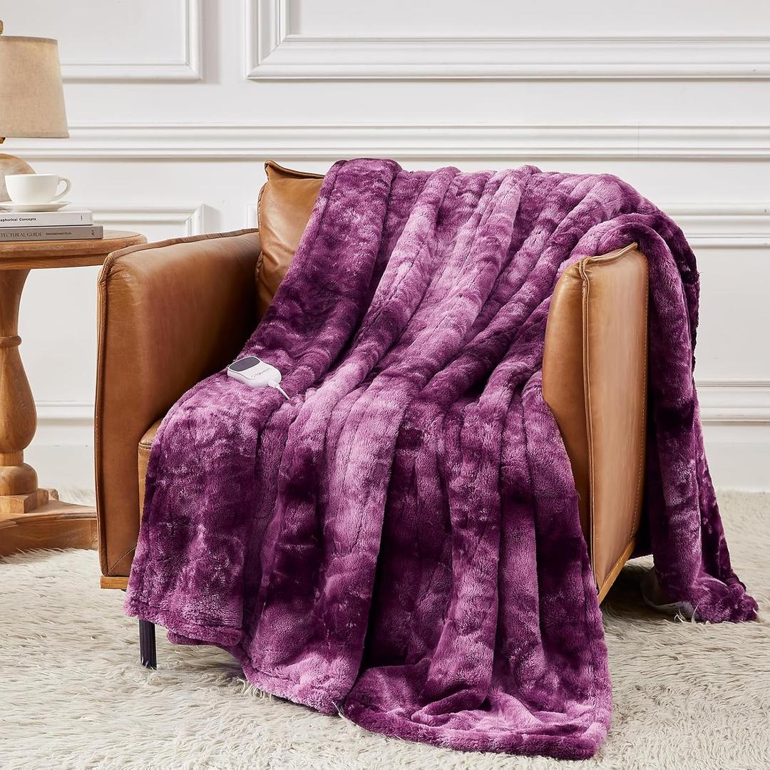 Homemate Heated Blanket Electric Throw - 50"x60" Heating Blanket Throw 1/2/4/6/8 Hours Auto-Off 10 Heat Level Over-Heat Protection Luxury Faux Fur Sherpa ETL Certification (05 - Purple)