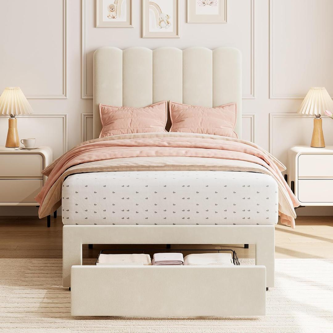 GarveeHome Twin Bed Frame, Platform Bed with Headboard & Drawer for Kids | Upholstered Bed Frame, Easy Assembly, Wooden Slats Support, No Box Spring Needed, Velvet Beige