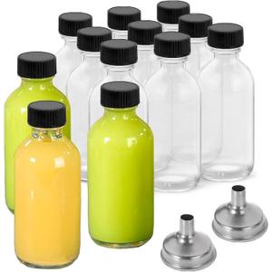 11 Pack, 2 oz Small Clear Glass Bottles w/Lid & 3 Funnels - 60ml Boston Shot Bottles for Health, Immunity, Potion, Wellness, Sample, Ginger, Juice - Mini Personal Care & Beauty Travel Bottle