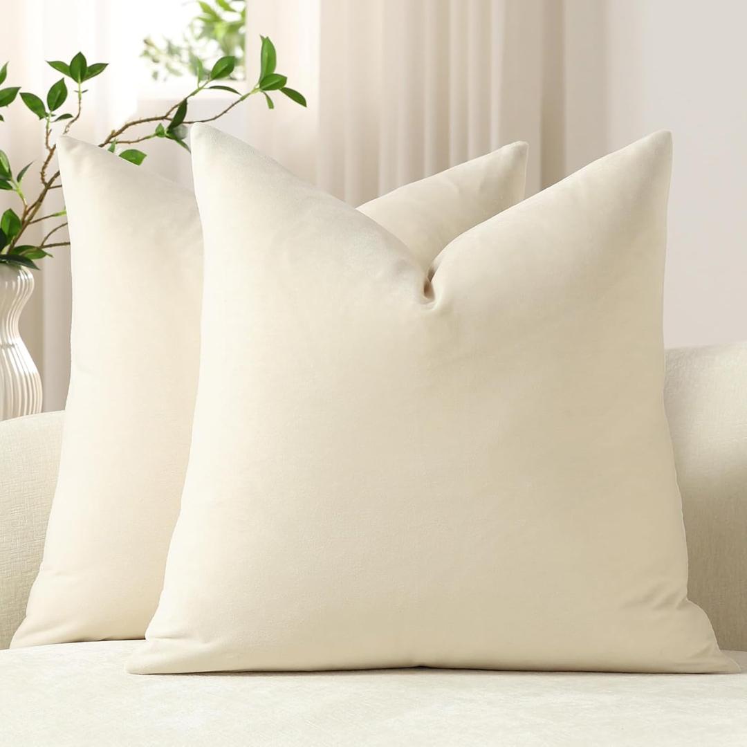 DEZENE Throw Pillow Covers 20x20 Cream: Pack of 2 Cozy Soft Velvet Square Modern Luxury Decorative Throw Pillow Cases for Sofa Couch Living Room Bed Home Decor (Vanilla Ice)