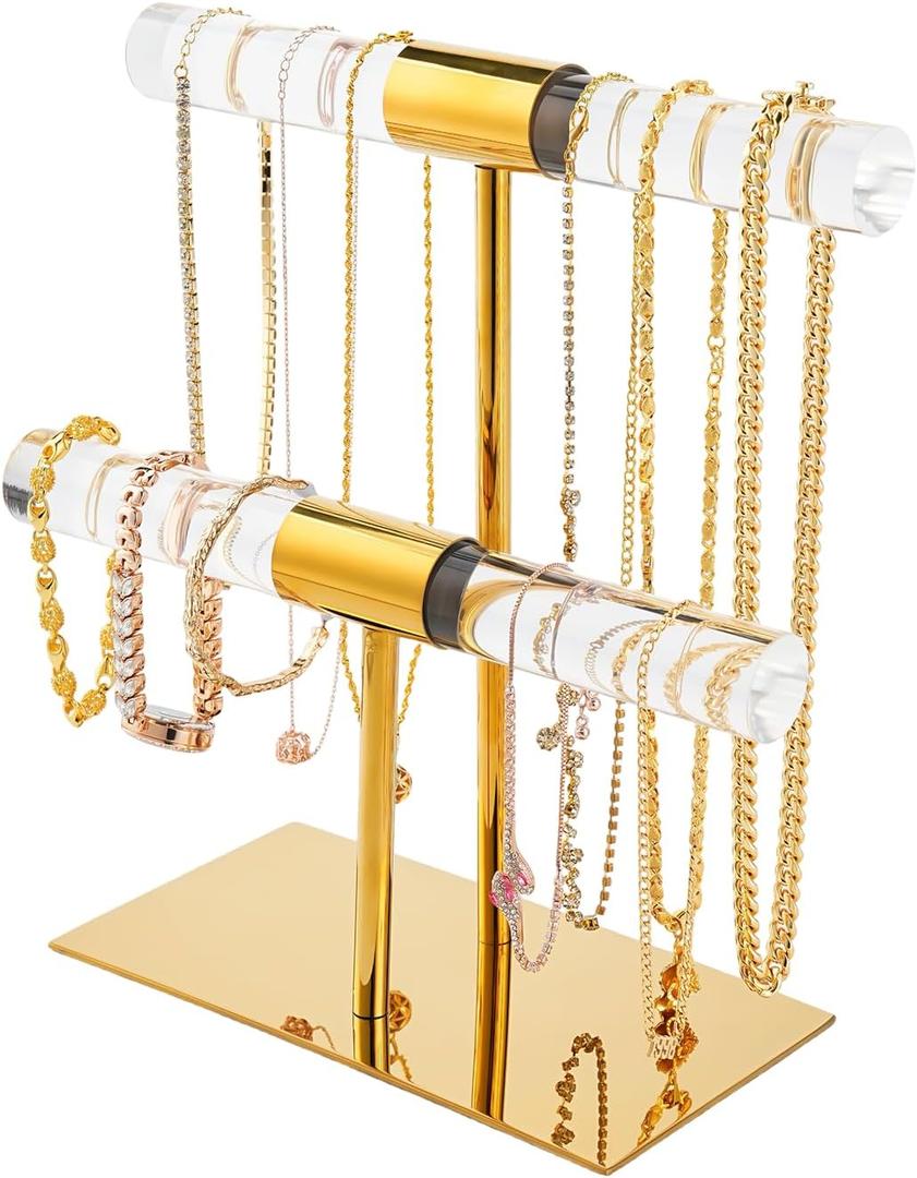 Display Stand Acrylic Jewelry Towers - Stainless Steel Long Necklaces Stand 2-Tier Crystal Tabletop Jewelry Organizer Home Decor for Store Boutique Vendors