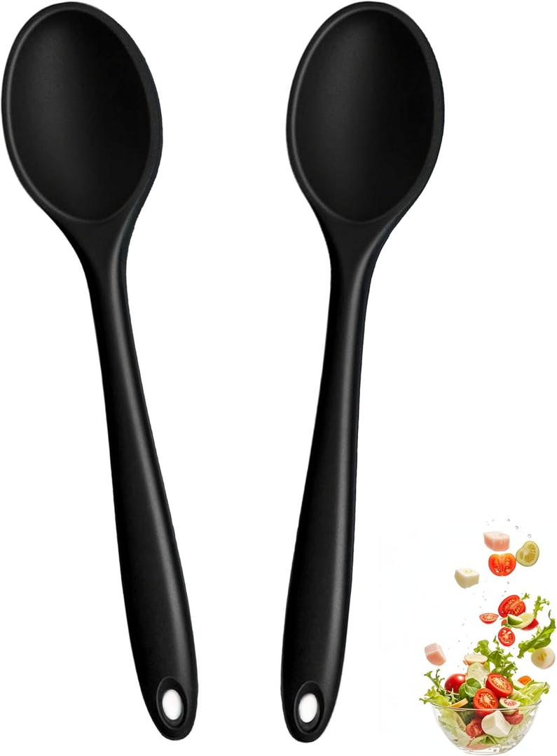 2 Pcs Mini Silicone Spoons,8 Inch small Mixing Spoons for cooking,Heat Resistant for Kitchen Cooking Baking Stirring Mixing Tools (Black A)