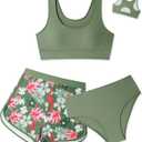 Girls Swimsuit 3 Piece Bikini Set with Shorts Tropical Floral Print Bathing Suit Girls' Swimwear 7-16T (7-8 Years, Green)