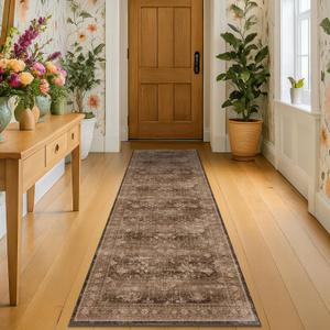 Brown Boho Washable 2x6 Runner Rugs for Hallway Kitchen Bedroom Beside Laundry Room Bathroom Rug, Pet & Kids Friendly, Non Slip Low Pile Stain Resistant Soft Faux Wool Long 24 x 72 Floor Carpet