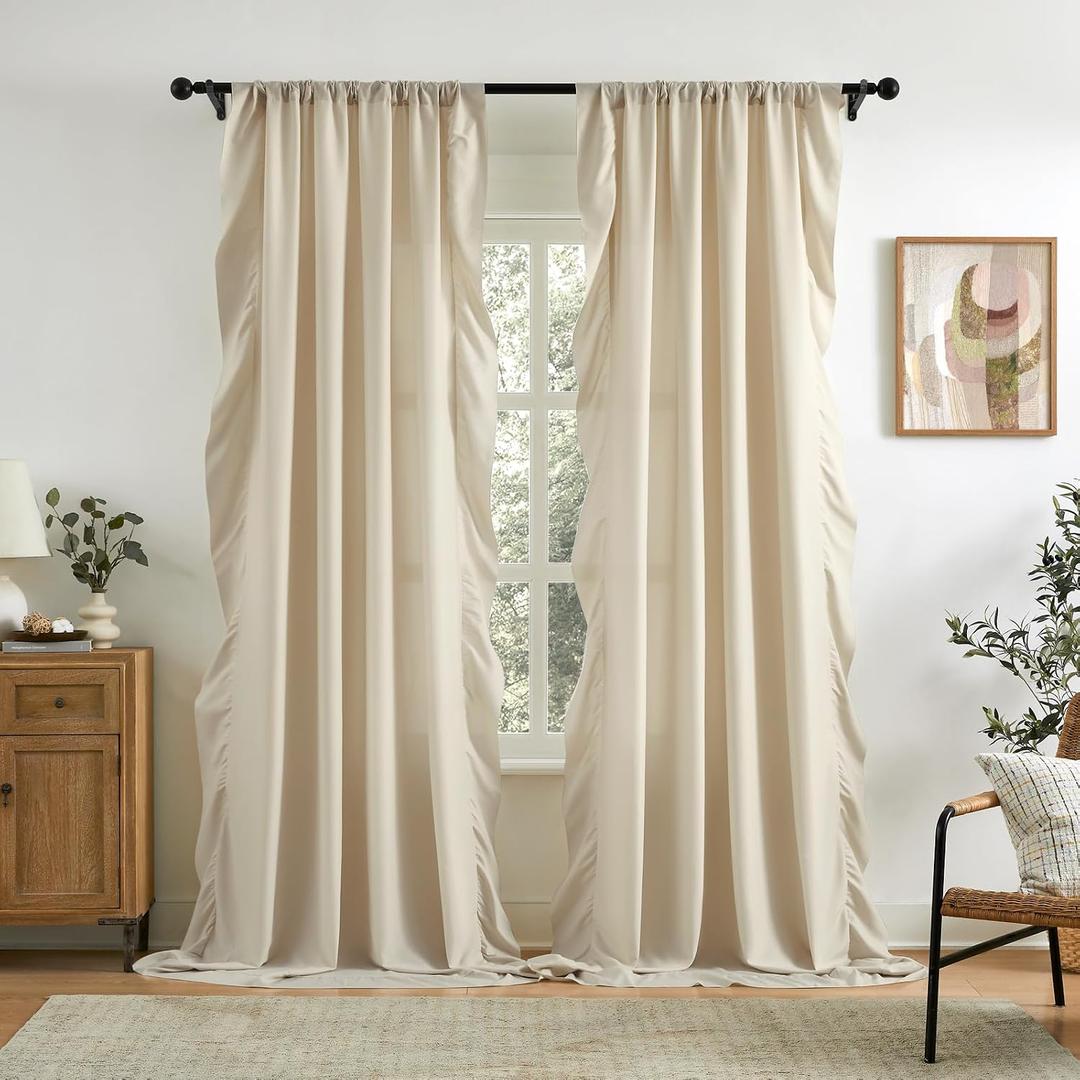 Beige Ruffle Curtains 90 Inches Long 2 Panels Set for Bedroom Living Room Romantic Rod Pocket Light Filtering Victorian Vintage Curtains for Farmhouse Cottage Neutral Window Privacy Decor, 52x90