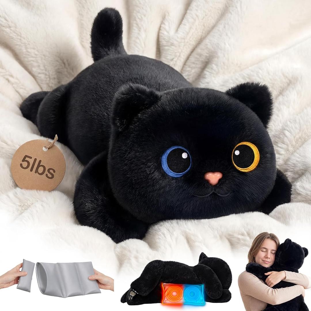 Mewaii Weighted Stuffed Animals 5 lbs Adjustable, Heated & Coolable 23 Inch Plush for Realistic Hug, Microwavable Removable Inner Pad, Cat Gifts for Adults & Kids (Black)