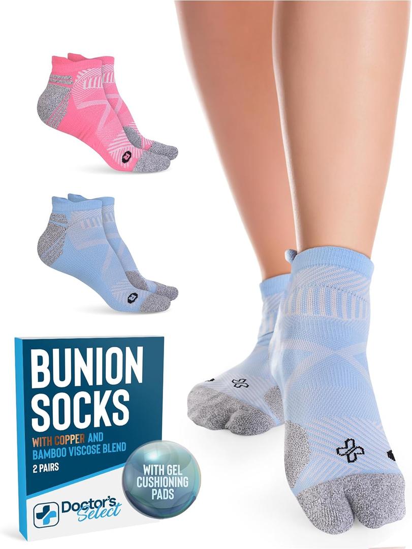 Doctor's Select 2 Pairs Bunion Socks for Women and Men - Copper & Bamboo Viscose infused Bunion Relief Socks | Toe Separator (Large, Blue Pink)