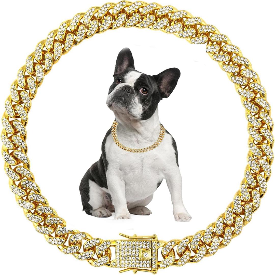 Gold Dog Necklace, Dog Chain Collars, Diamond Metal Bling Choke Cuban Link Dog Collar, 13mm Wide Pet Jewelry for Puppy Small Medium Large Dogs (16inch)